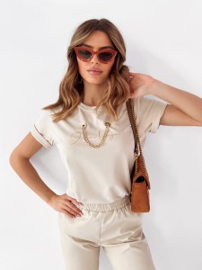 T-SHIRT GOLD CHAIN JASNY BEŻ