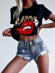 T-SHIRT RED LIPS CZARNY