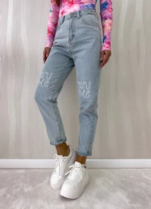 SPODNIE JEANSOWE DAMSKIE BY ME MOM FIT LOWE NIEBIESKI